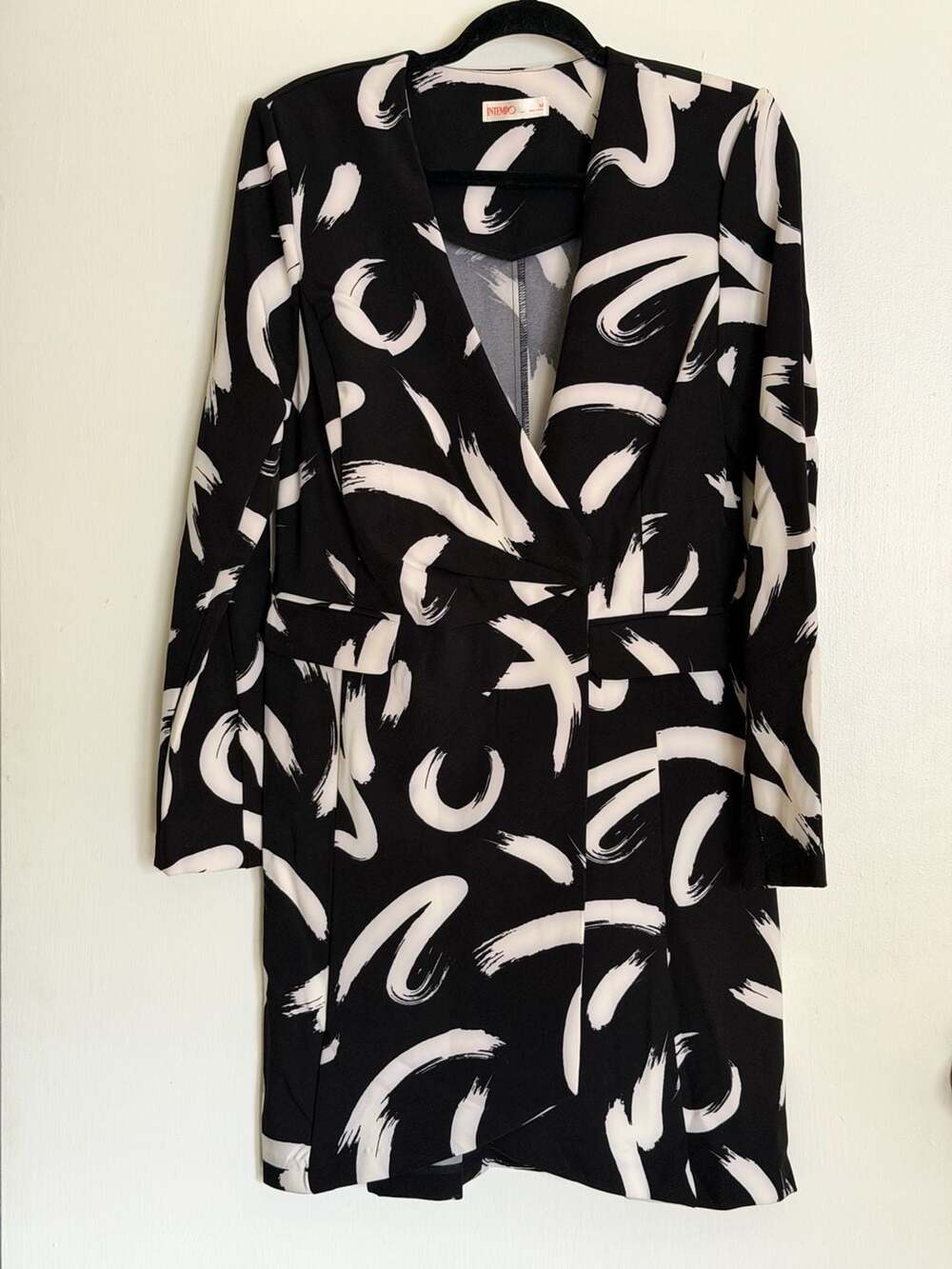 Intempo Women's Black and White Brush Stroke Print Blazer Mini Dress Size M